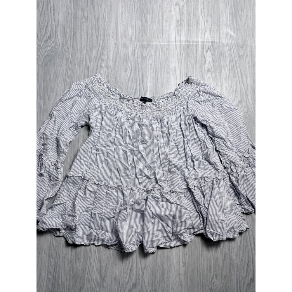 American Eagle Blue White Striped Off Shoulder Ruffle Bell Sleeve Blouse Medium